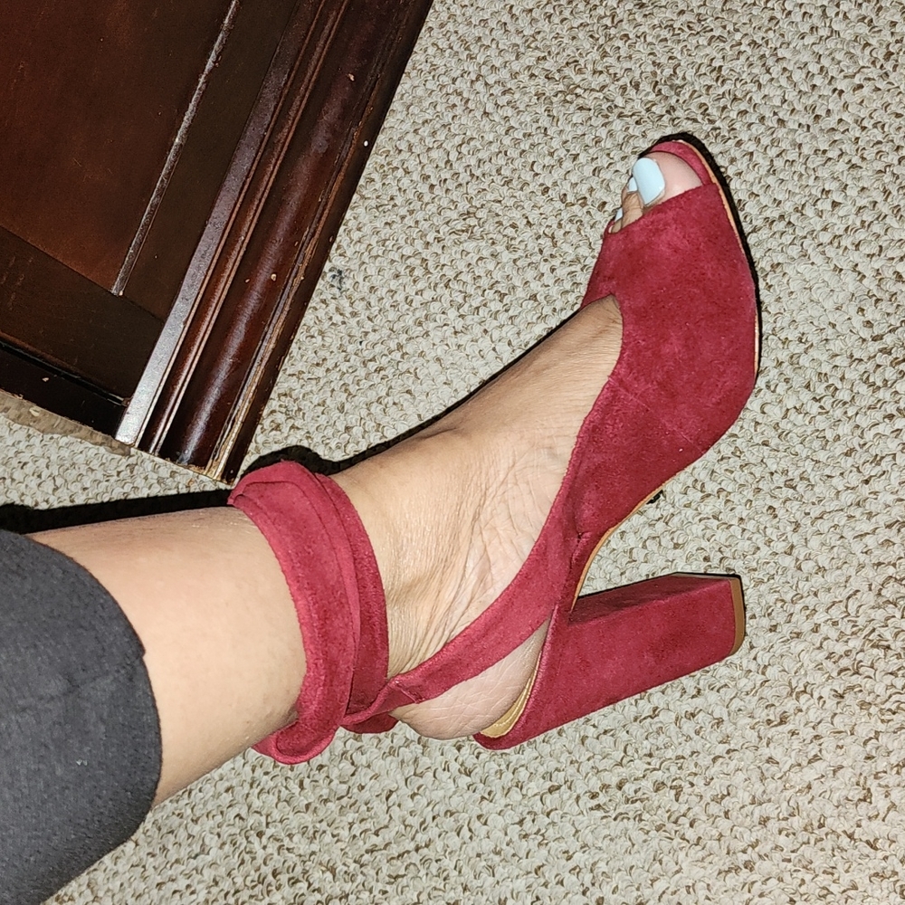 SCHUTZ Red Suede Ankle Tie Block Heel Sandals